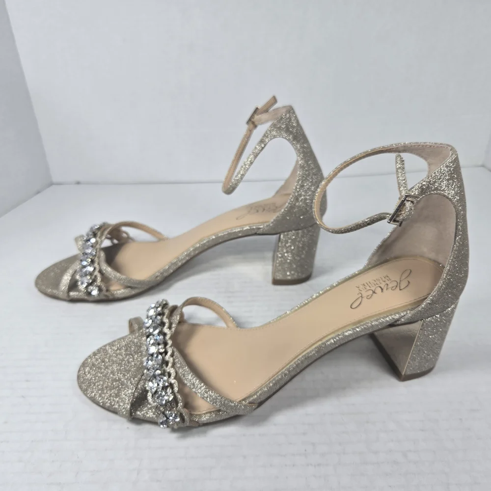 Jewel Badgley Mischka Giona Gold Jeweled Ankle Strap Block Heels Size 8 - Picture 9 of 15